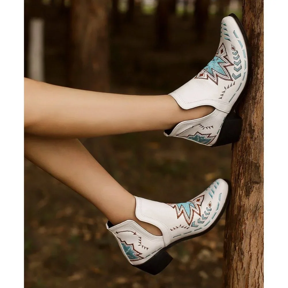 White Embroidered Western Ankle Bootie with Blue Accents